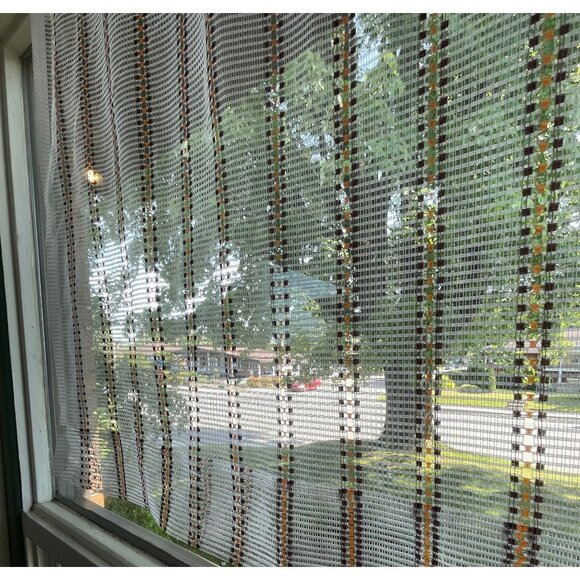 Vintage 70s mesh curtain, white, brown, orange striped net woven, single panel - Picture 2 of 10